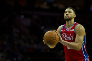 PHILADELPHIA, PA - OCTOBER 08: Ben Simmons #25 of the Philadelphia 76ers attempts a free throw in the second quarter during the preseason game against the Guangzhou Long Lions at the Wells Fargo Center on October 8, 2019 in Philadelphia, Pennsylvania. NOTE TO USER: User expressly acknowledges and agrees that, by downloading and or using this photograph, User is consenting to the terms and conditions of the Getty Images License Agreement.(Photo by Mitchell Leff/Getty Images)