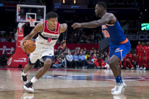 WASHINGTON, DC - OCTOBER 07: Rui Hachimura #8 of the Washington Wizards dribbles the ball against Julius Randle #30 of the New York Knicks during the second half at Capital One Arena on October 7, 2019 in Washington, DC. NOTE TO USER: User expressly acknowledges and agrees that, by downloading and or using this photograph, User is consenting to the terms and conditions of the Getty Images License Agreement. (Photo by Scott Taetsch/Getty Images)