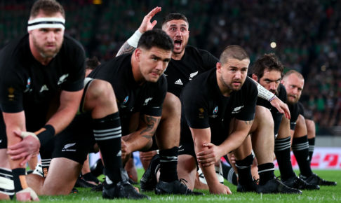 CHOFU, JAPAN - OCTOBER 19:  TJ Perenara of New Zealand performs The Haka with his teammates prior to the Rugby World Cup 2019 Quarter Final match between New Zealand and Ireland at the Tokyo Stadium on October 19, 2019 in Chofu, Tokyo, Japan. (Photo by Clive Rose - World Rugby/World Rugby via Getty Images)