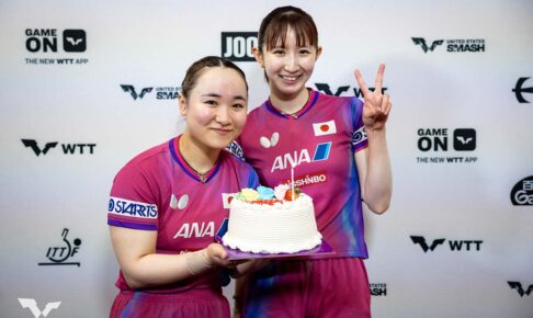 伊藤美誠、早田ひなへ25歳の誕生日サプライズで満面笑顔　“みまひな”ペアのダブルス復活戦はインドペアに逆転勝ち【卓球・USスマッシュ】